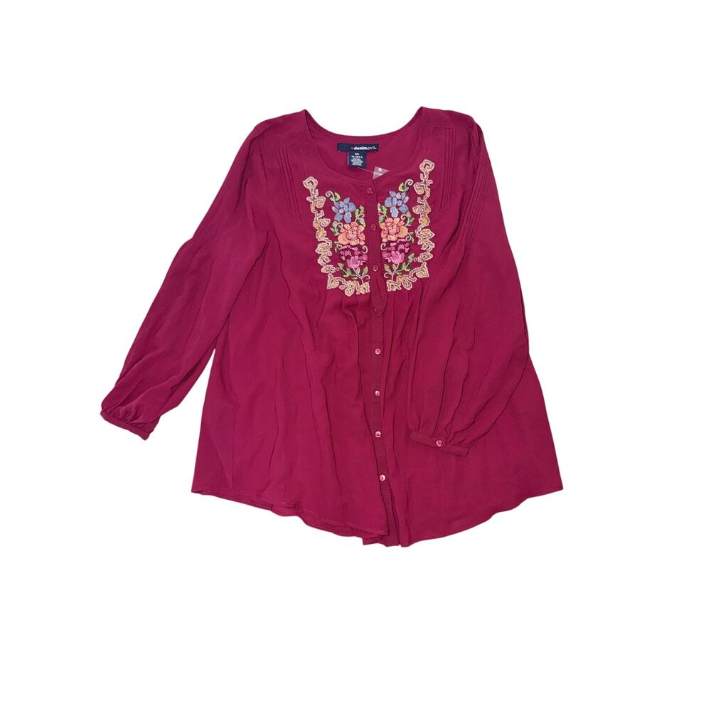VTG denim 247 maroon button front long sleeve embroidered peasant top plus 16w
